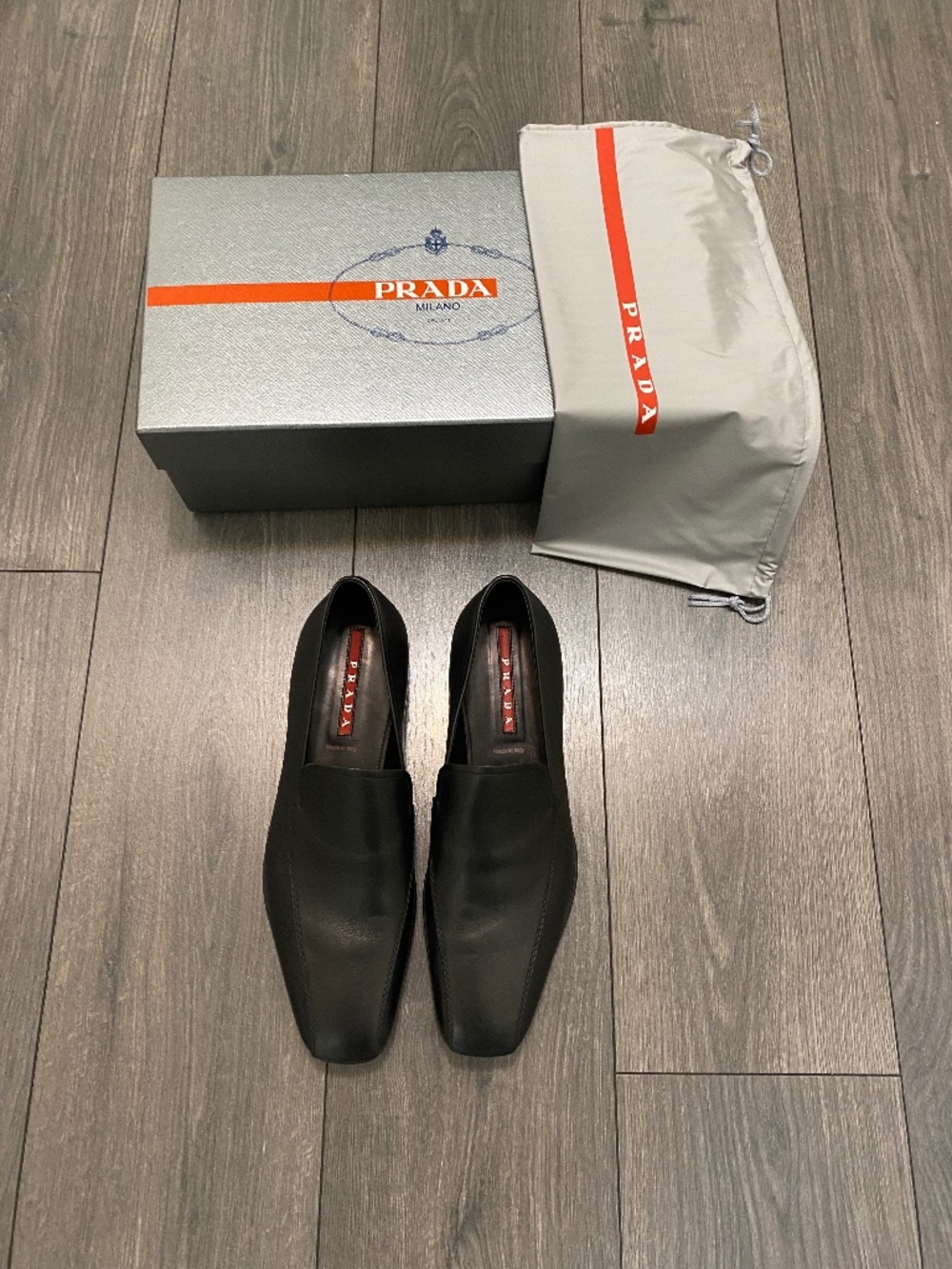 Prada Linea Rossa Black Leather Rubber Sole Slip On Loafers Size 11